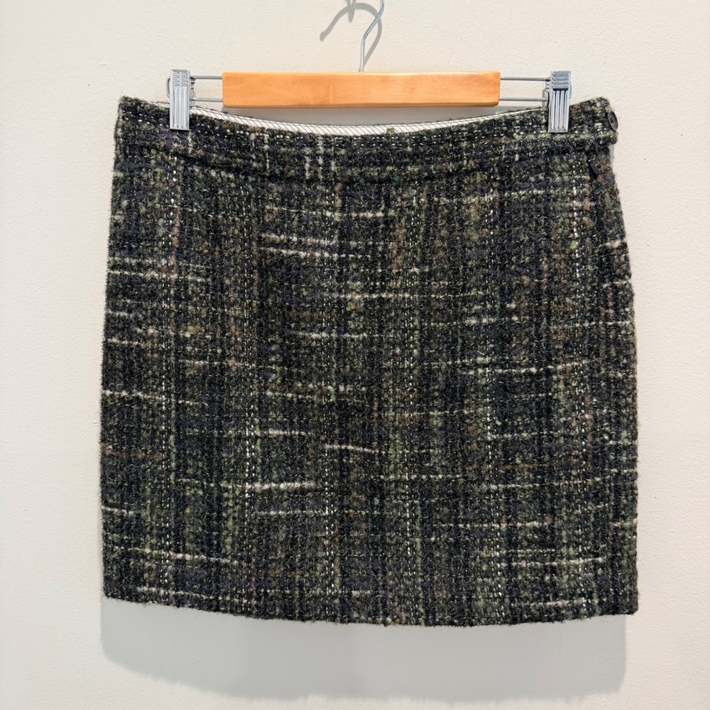 Brooks Brothers Green Plaid Tweed Mini Skirt Wool Blend Academic | Size 8
